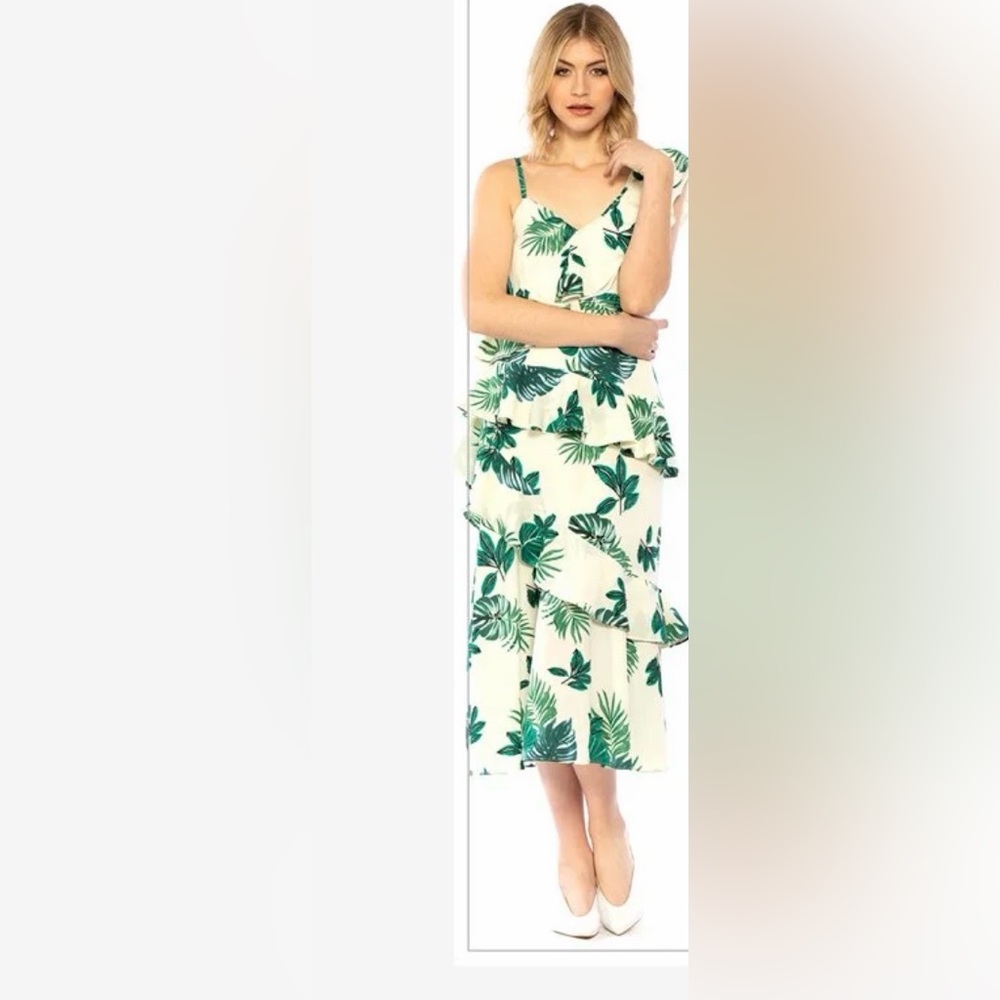 Walter Baker Tropical Inez Leaf Ruffle Maxi Dress Medium One Shoulder - Picture 2 of 7